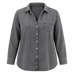 Foxcroft Womens Button Down Shirt Gray Long Sleeve Size 18 Tencel Casual Comfort